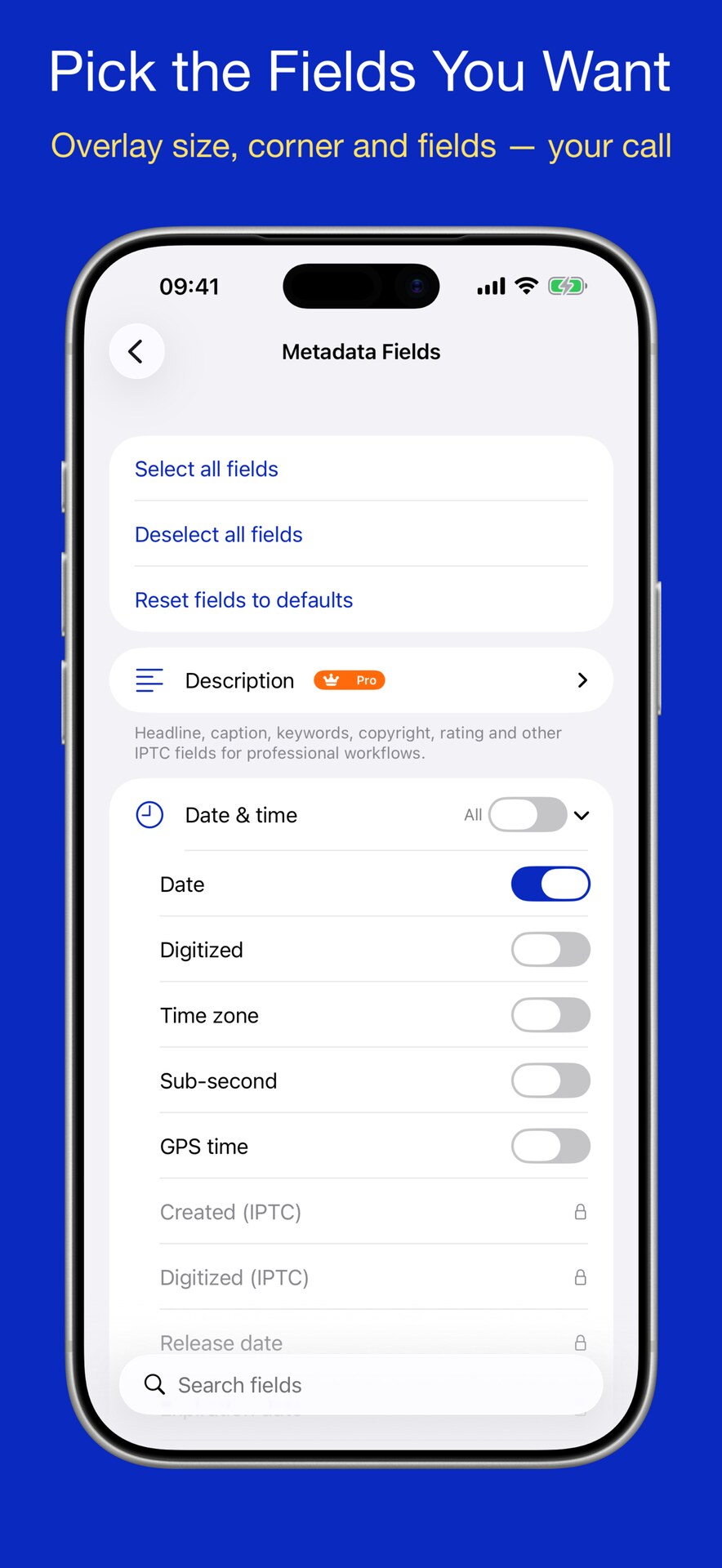 Choosing which metadata fields appear in the overlay